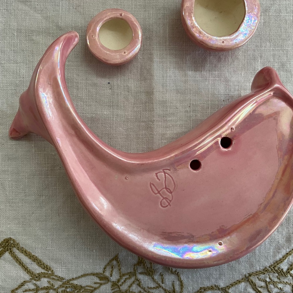 Vintage Pink Iridescent Ceramic Fish Wall Hanging Set 6pc Lusterware Bubbles MCM - Picture 6 of 9